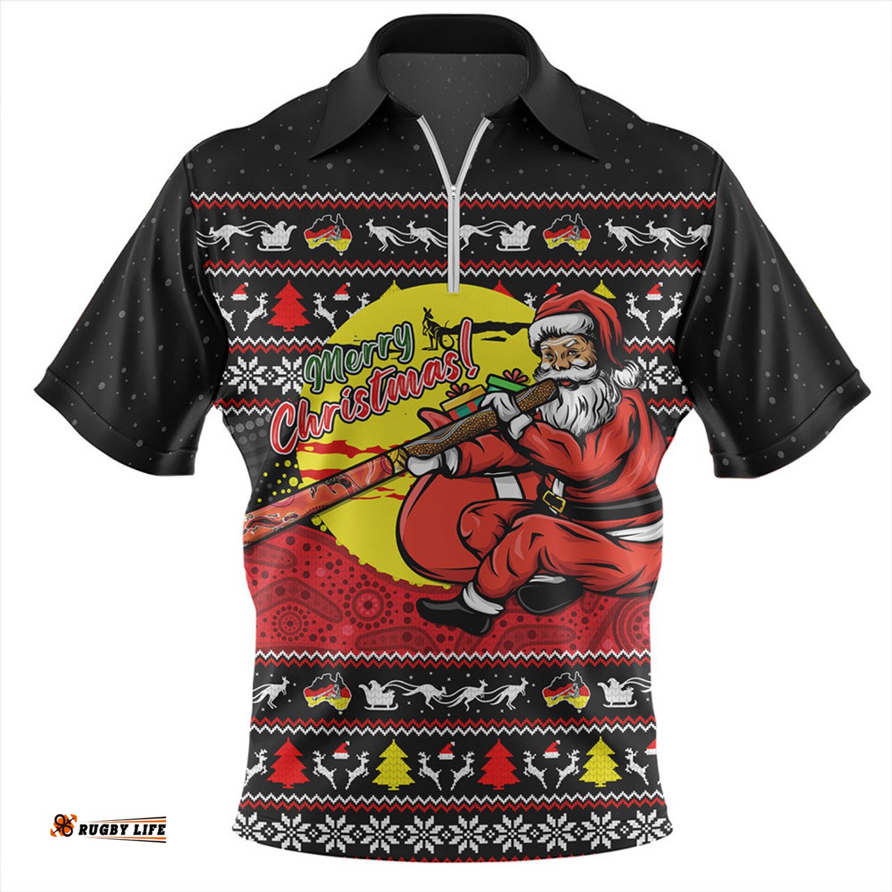 Australia Aboriginal Didgeridoo Santa Christmas Zip Polo Shirt