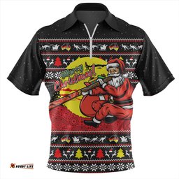 Australia Aboriginal Didgeridoo Santa Christmas Zip Polo Shirt