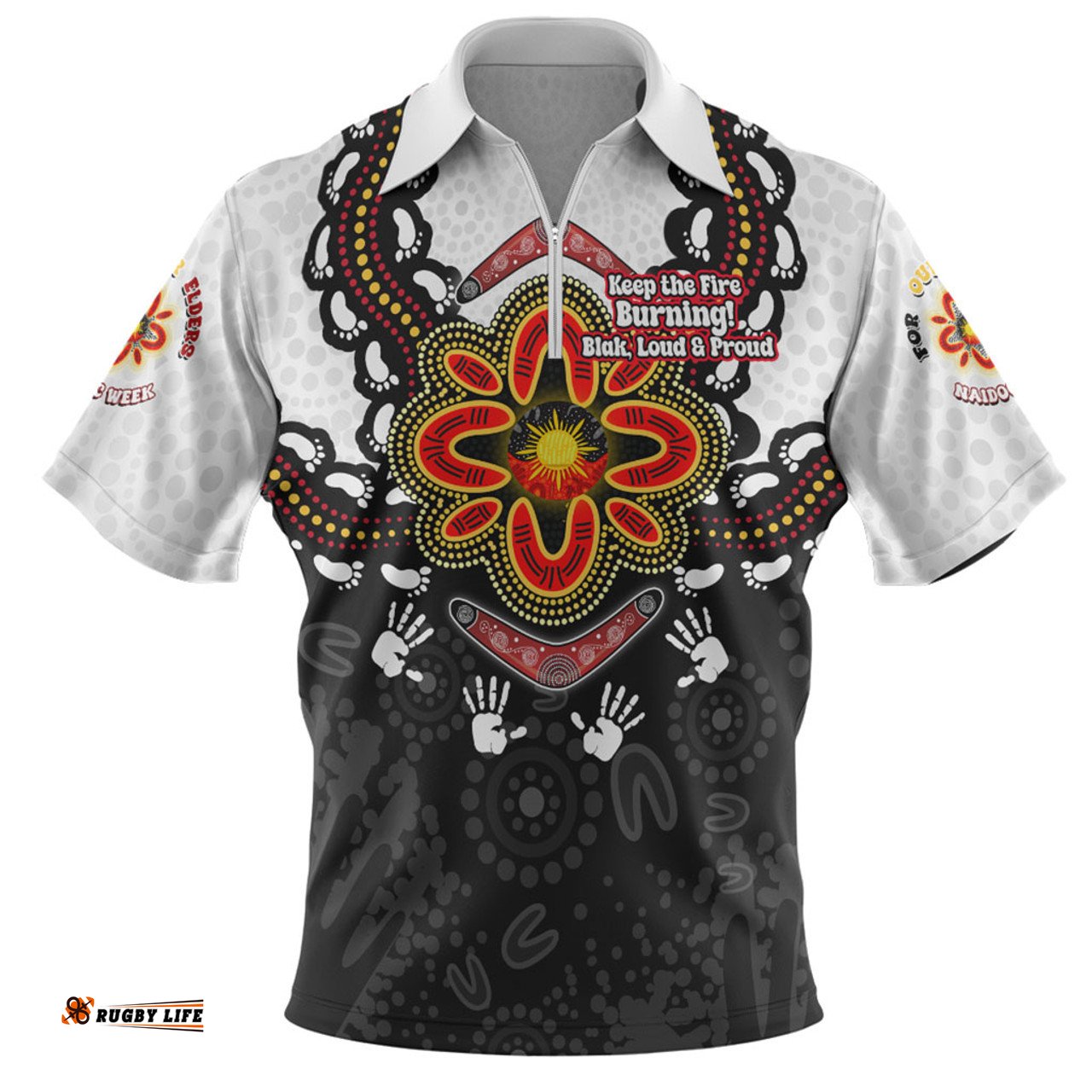 Australia Aboriginal Inspired Naidoc Symbol Pattern White Zip Polo Shirt
