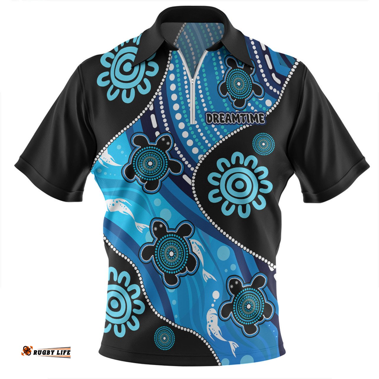 Australia Aboriginal Inspired Dreamtime River And Turtles Dot Art Painting Zip Polo Shirt
