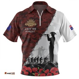Australia Anzac Day Poppy Flower And Barbed Wire Zip Polo Shirt