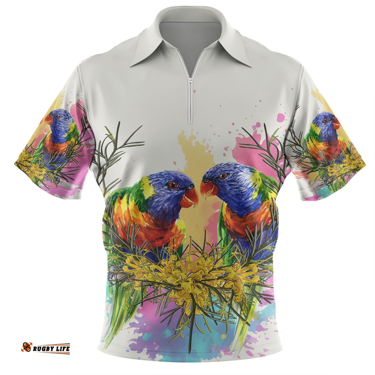 Australia Rainbow Lorikeets Rainbow Lorikeets With Grevillea Flowers Zip Polo Shirt