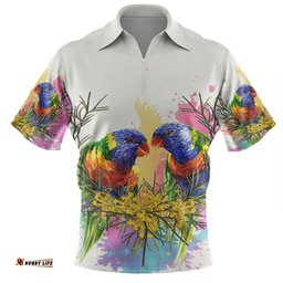 Australia Rainbow Lorikeets Rainbow Lorikeets With Grevillea Flowers Zip Polo Shirt