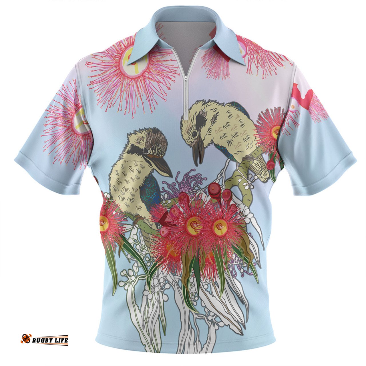 Australia Kookaburra Couple Kookaburra With Eucalyptus Flower Art Zip Polo Shirt