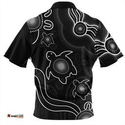 Australia Aboriginal Turtle Dreaming Journey Featuring Dot Art Black Zip Polo Shirt
