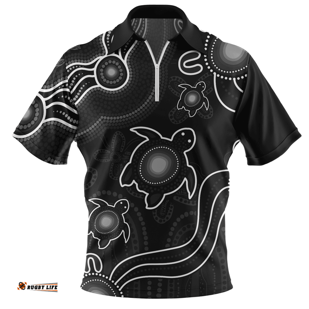 Australia Aboriginal Turtle Dreaming Journey Featuring Dot Art Black Zip Polo Shirt