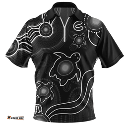 Australia Aboriginal Turtle Dreaming Journey Featuring Dot Art Black Zip Polo Shirt