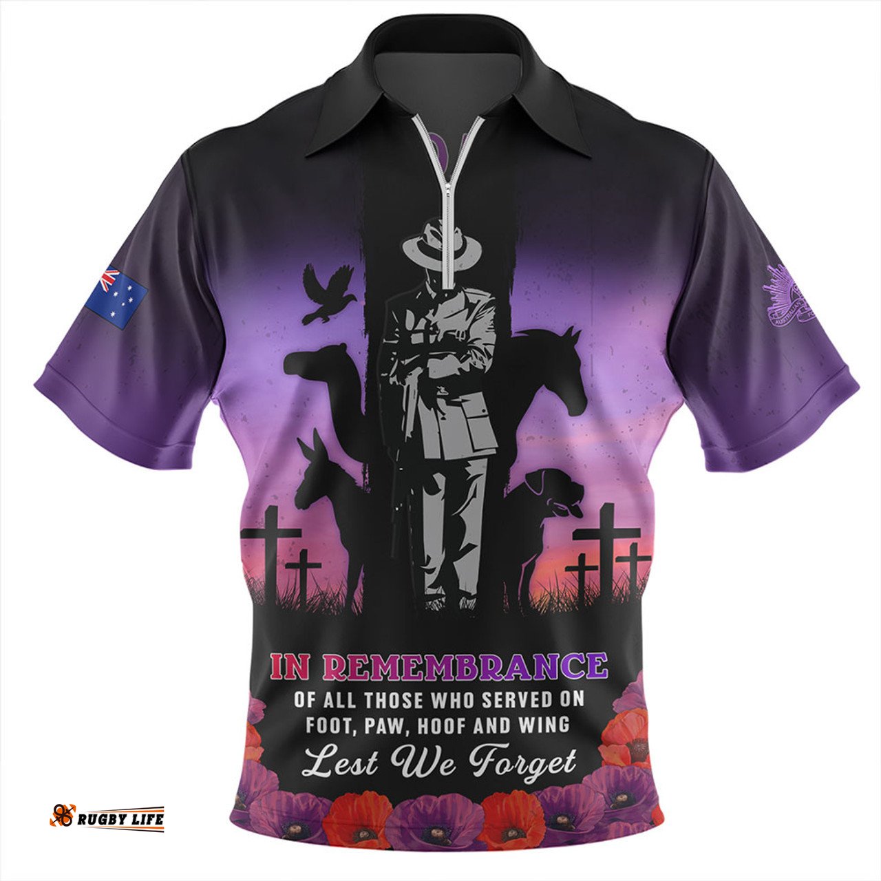Australia Anzac Day Lest We Forget War Animals Purple Poppy Zip Polo Shirt