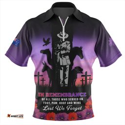 Australia Anzac Day Lest We Forget War Animals Purple Poppy Zip Polo Shirt