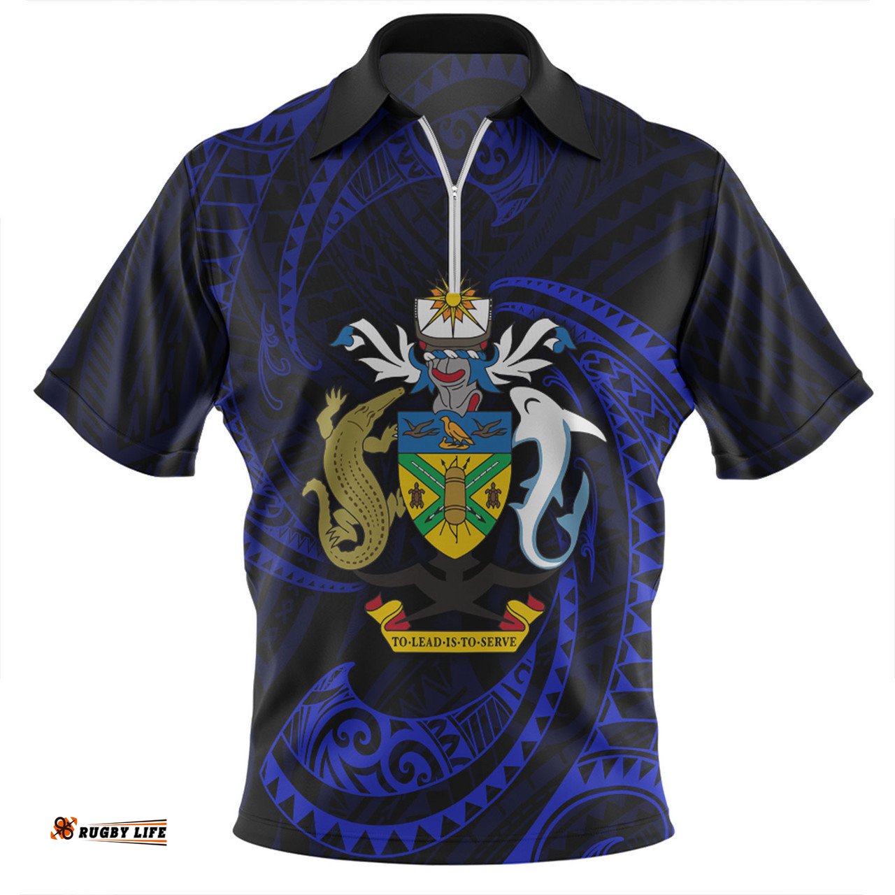Australia South Sea Islanders Solomon Islands Blue Tribal Wave Pattern Zip Polo Shirt