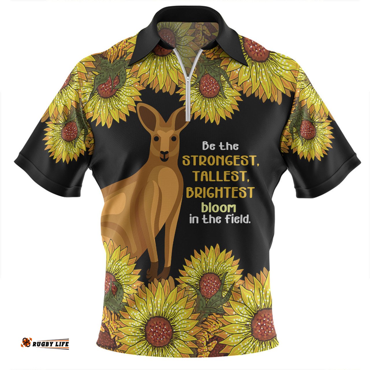 Australia Kangaroo Aboriginal Custom Aboriginal Sunflowers With Kangaroo Be The Strongest Dot Painting Art Zip Polo Shirt