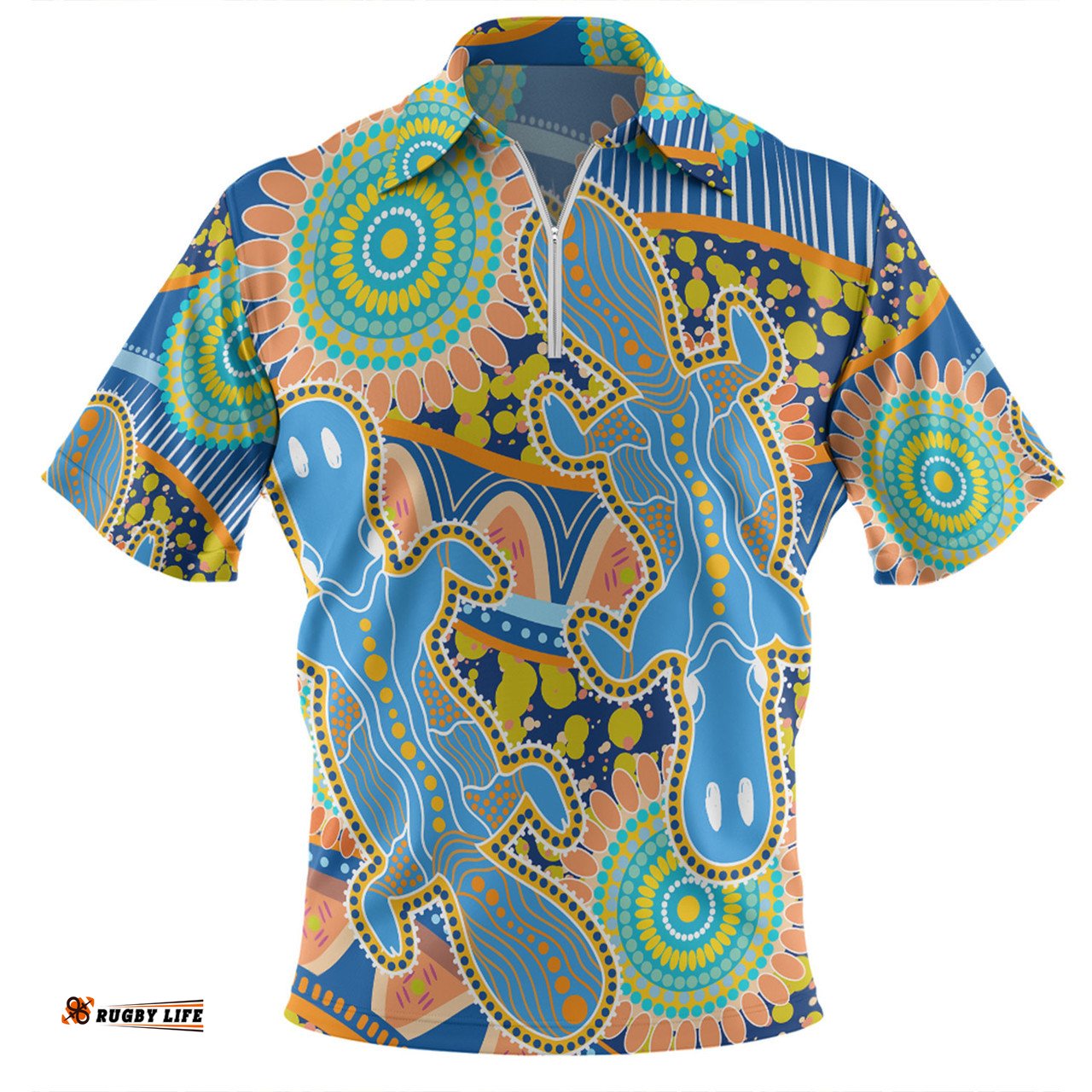 Australia Platypus Aboriginal Blue Platypus With Aboriginal Art Dot Painting Patterns Inspired Zip Polo Shirt