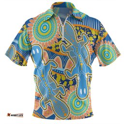 Australia Platypus Aboriginal Blue Platypus With Aboriginal Art Dot Painting Patterns Inspired Zip Polo Shirt