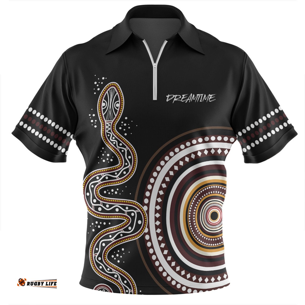Australia Rainbow Serpent Aboriginal Custom Dreamtime Mother of Life Black Zip Polo Shirt