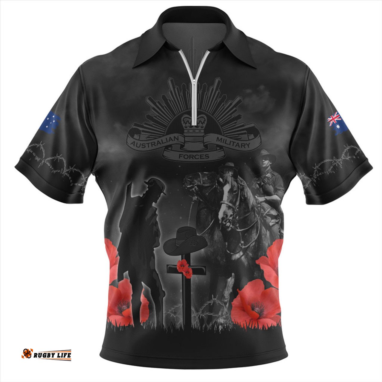 Australia Anzac Lest We Forget Light Horse Design Zip Polo Shirt