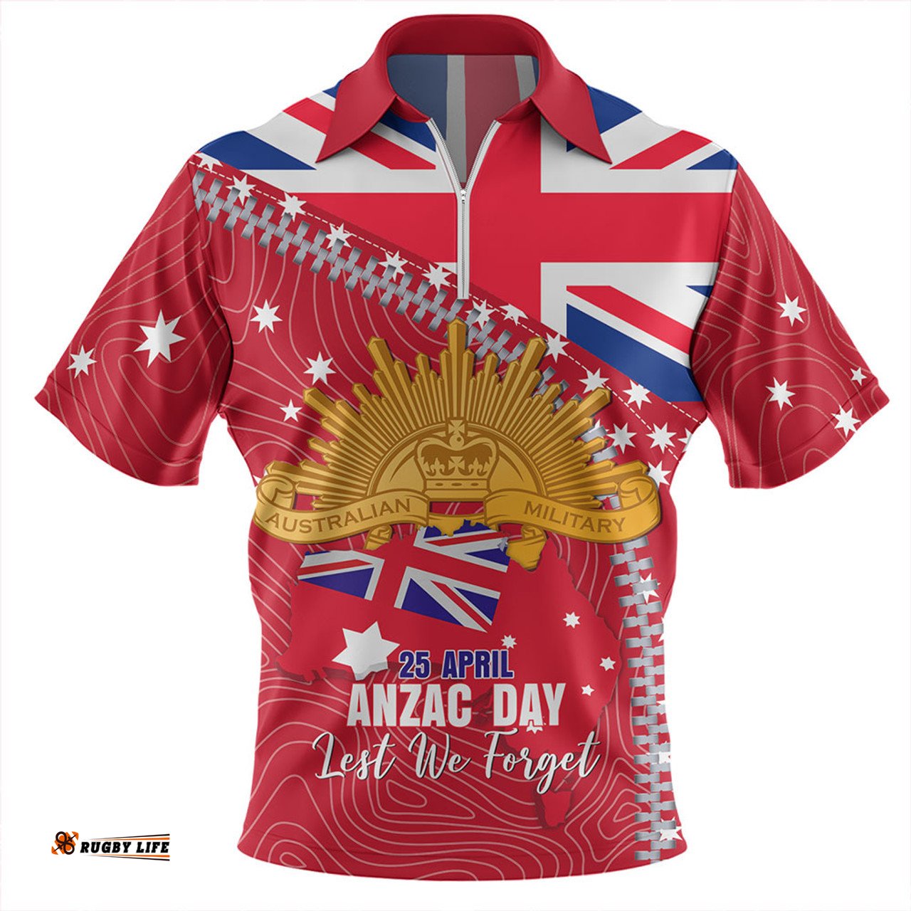 Australia Anzac Day Lest We Forget Australian Red Ensign Zip Polo Shirt