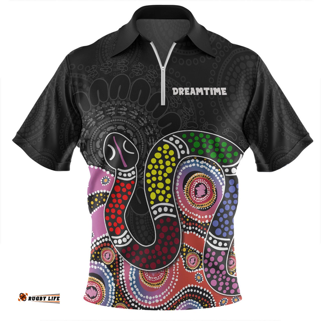 Australia Rainbow Serpent Aboriginal Custom Dreamtime Rainbow Serpent Featuring Dot Style Zip Polo Shirt