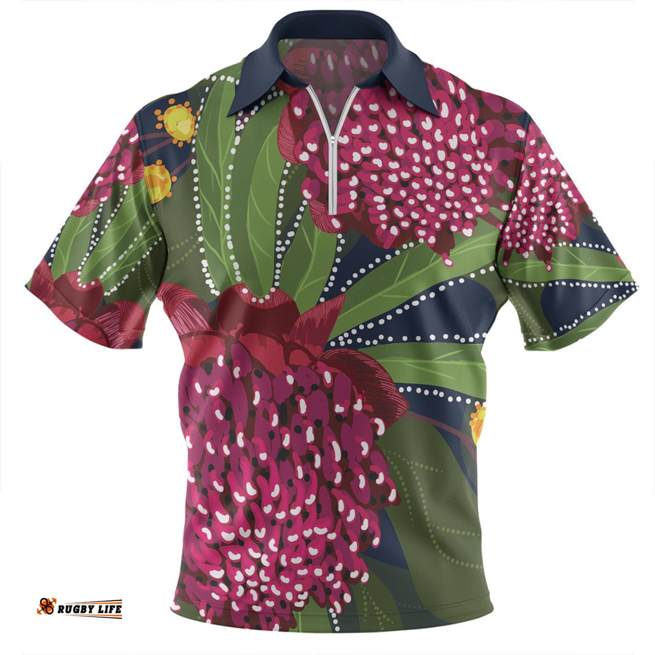 Australia Flowers Aboriginal Australian Waratah Flower Art Zip Polo Shirt