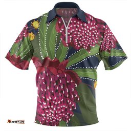 Australia Flowers Aboriginal Australian Waratah Flower Art Zip Polo Shirt