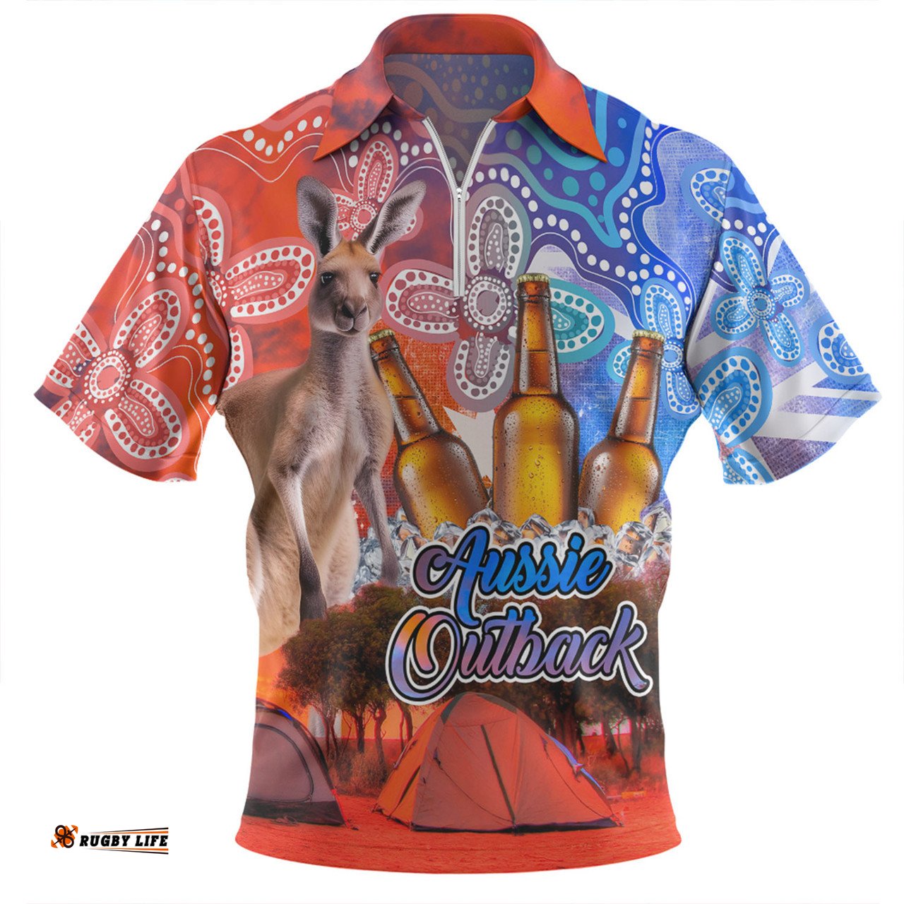 Australia Kangaroo Aboriginal Camping Custom Aussie Outback Camping with Beer Zip Polo Shirt