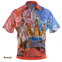 Australia Kangaroo Aboriginal Camping Custom Aussie Outback Camping with Beer Zip Polo Shirt