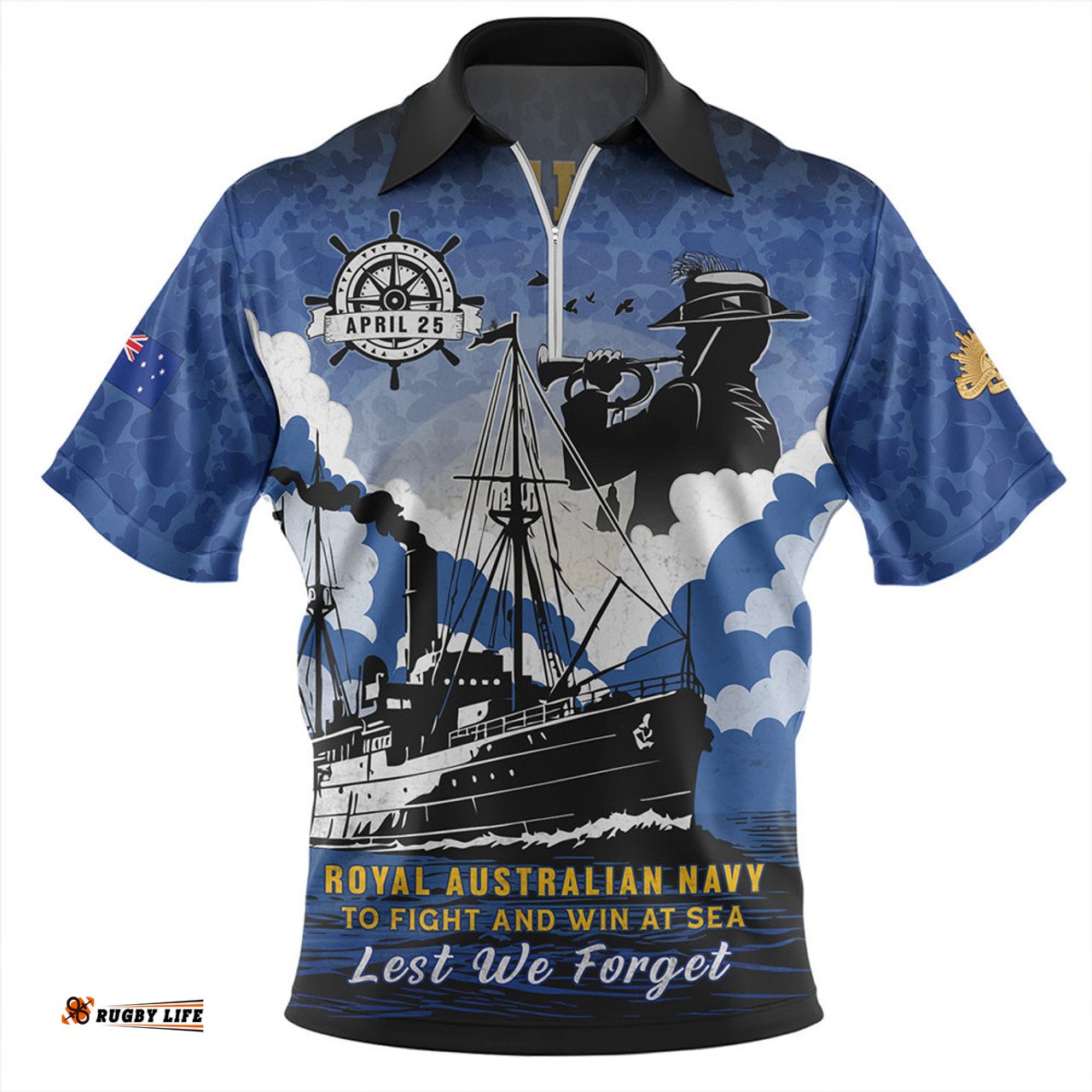 Australia Anzac Day Royal Australian Navy Camouflage Style Zip Polo Shirt