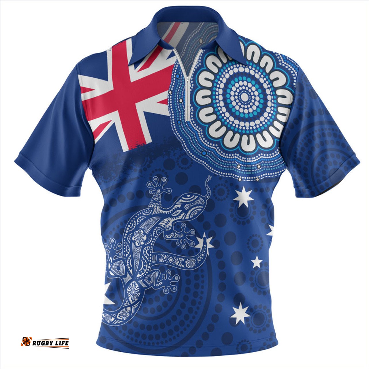 Australia Flag With Lizard Aboriginal Zip Polo Shirt