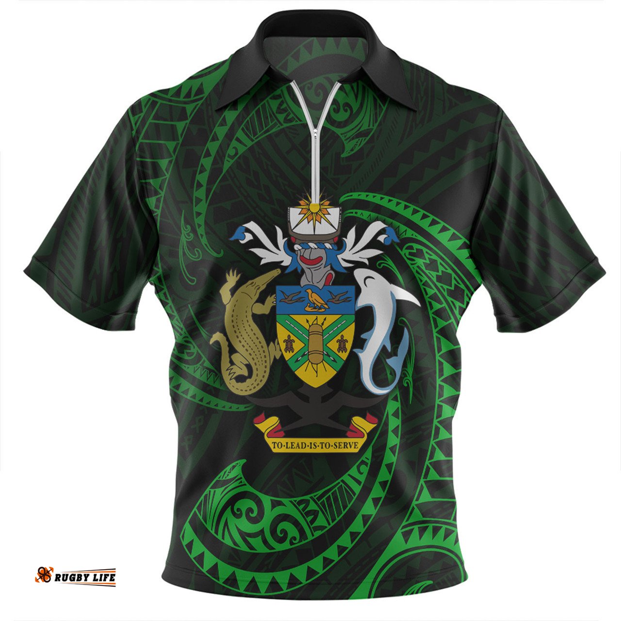 Australia South Sea Islanders Solomon Islands Green Tribal Wave Pattern Zip Polo Shirt