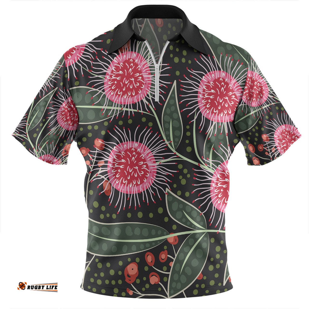 Australia Flowers Aboriginal Aboriginal Style Australian Hakea Flower Zip Polo Shirt