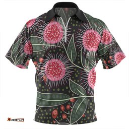 Australia Flowers Aboriginal Aboriginal Style Australian Hakea Flower Zip Polo Shirt