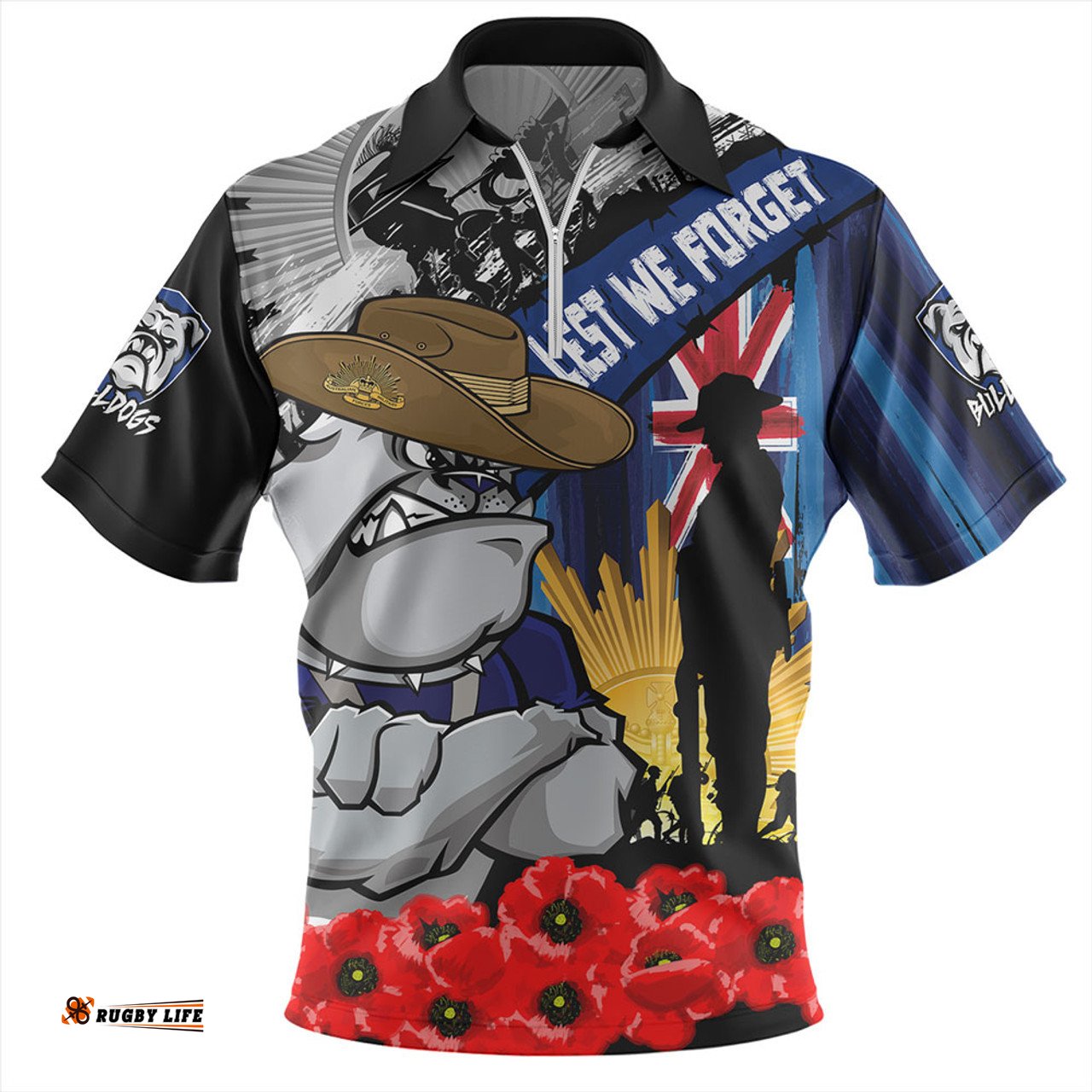 Canterbury Bankstown Bulldogs United In Spirit Anzac Day Tribute Zip Polo Shirt