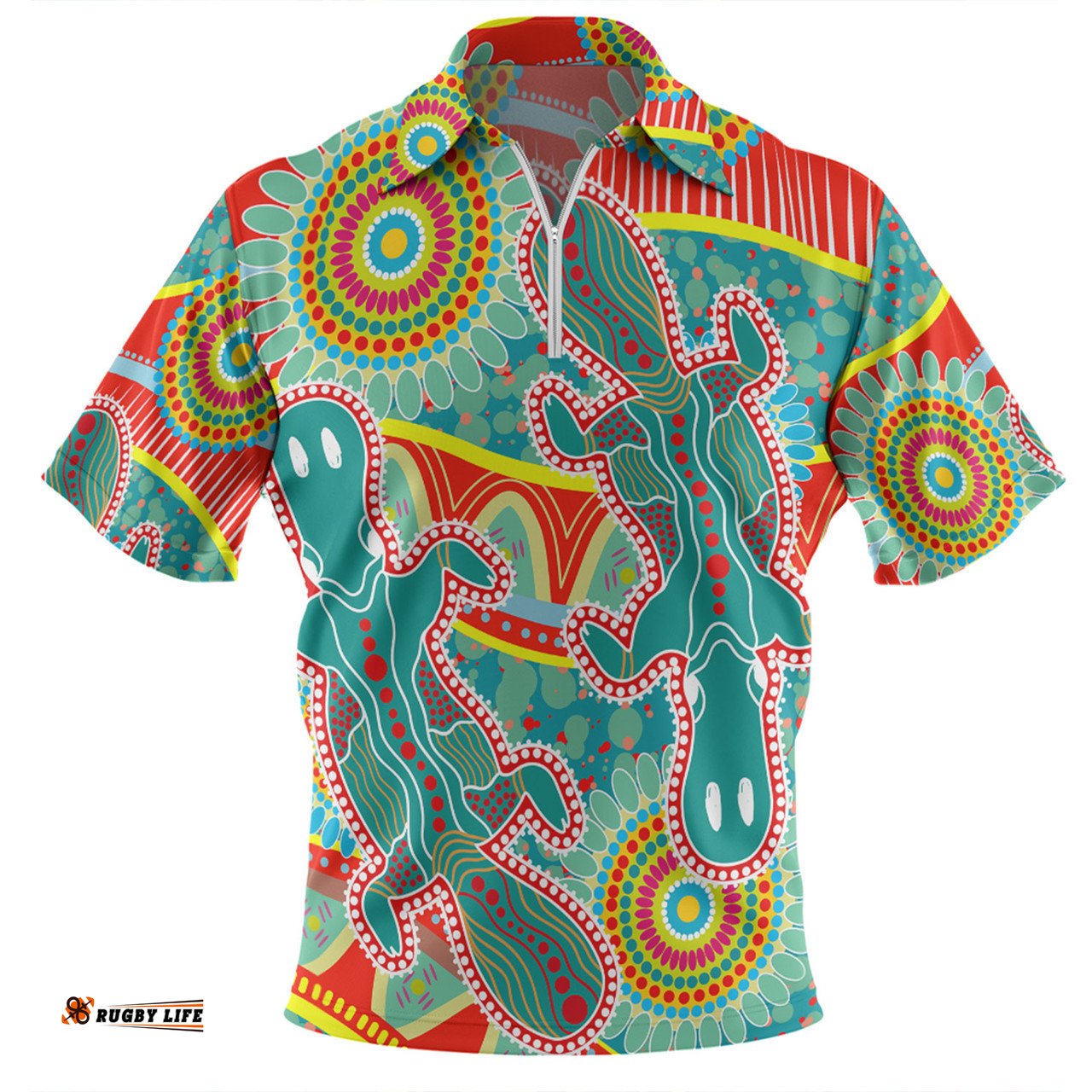 Australia Platypus Aboriginal Green Platypus With Aboriginal Art Dot Painting Patterns Inspired Zip Polo Shirt