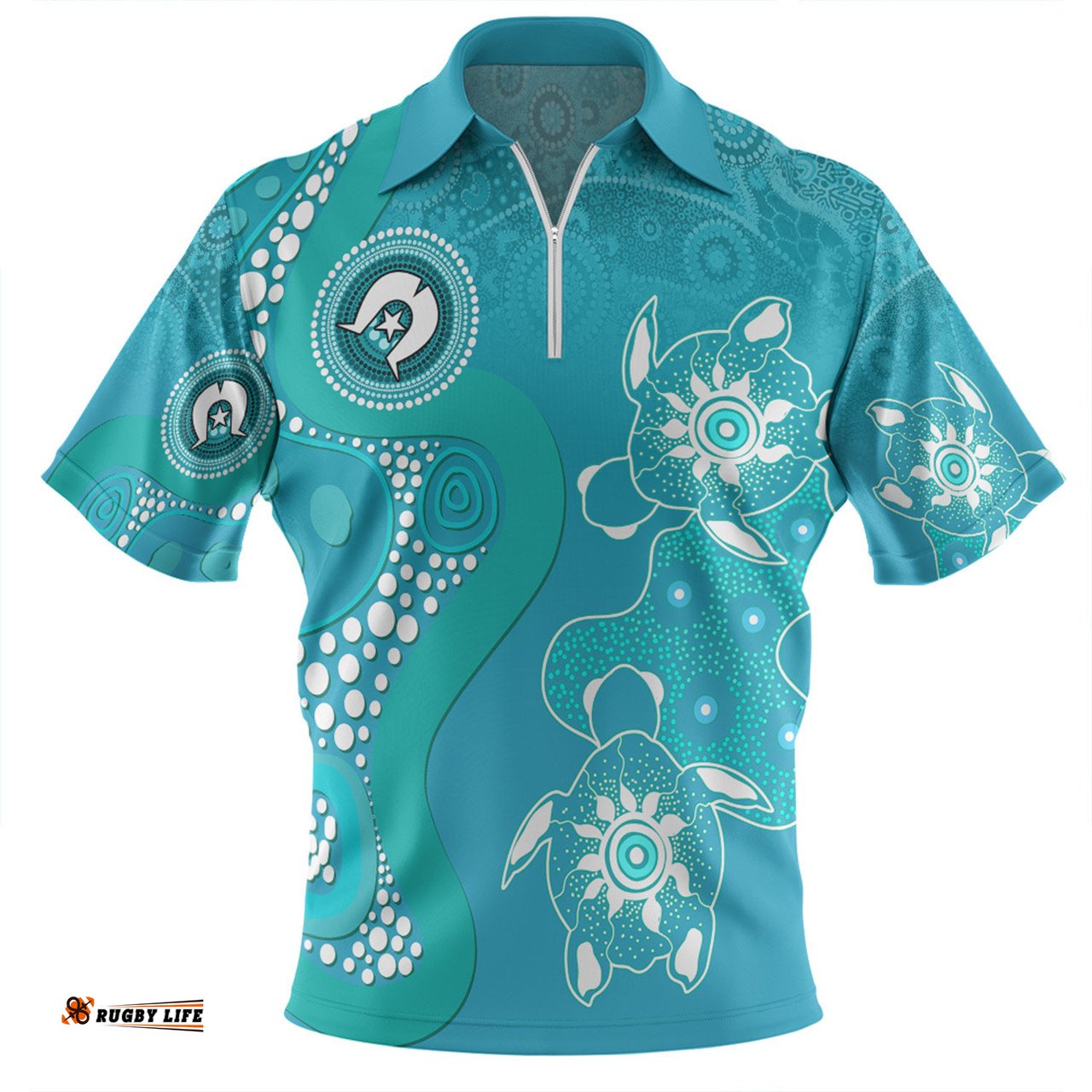 Australia Turtles Aboriginal Indigenous Dot Turtles In The Ocean (Turquoise) Zip Polo Shirt
