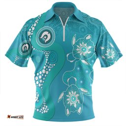 Australia Turtles Aboriginal Indigenous Dot Turtles In The Ocean (Turquoise) Zip Polo Shirt