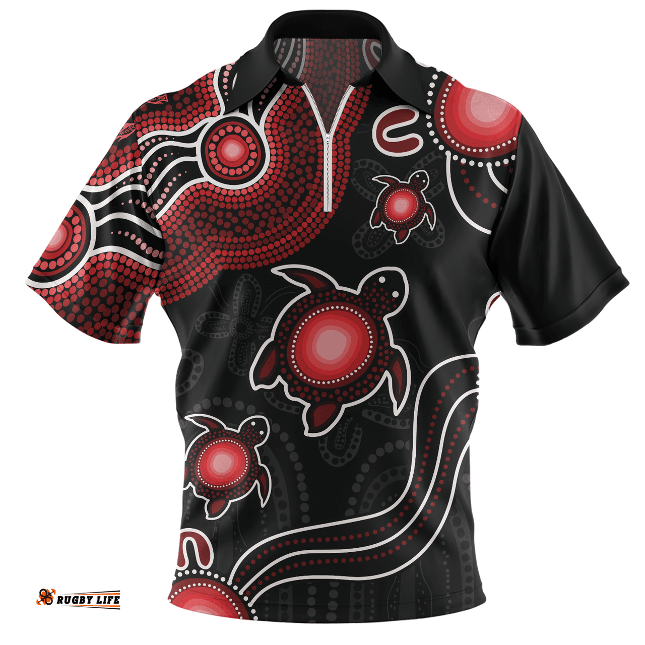 Australia Aboriginal Turtle Dreaming Journey Featuring Dot Art Red Zip Polo Shirt