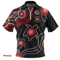Australia Aboriginal Turtle Dreaming Journey Featuring Dot Art Red Zip Polo Shirt