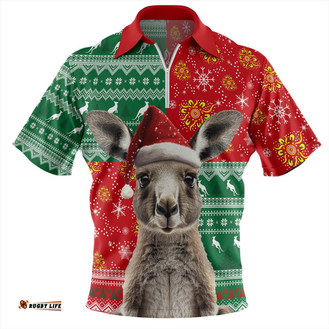 Australia Aboriginal Dot With Kangaroo Santa Hat Designs Zip Polo Shirt