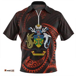 Australia South Sea Islanders Solomon Islands Red Tribal Wave Pattern Zip Polo Shirt