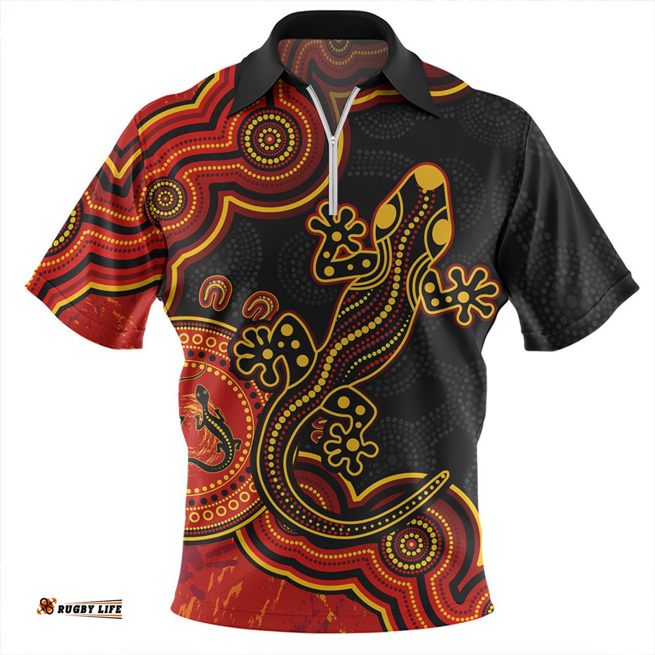 Australia Aboriginal Lizard Dreaming Outback Red Zip Polo Shirt