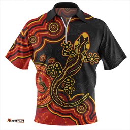 Australia Aboriginal Lizard Dreaming Outback Red Zip Polo Shirt