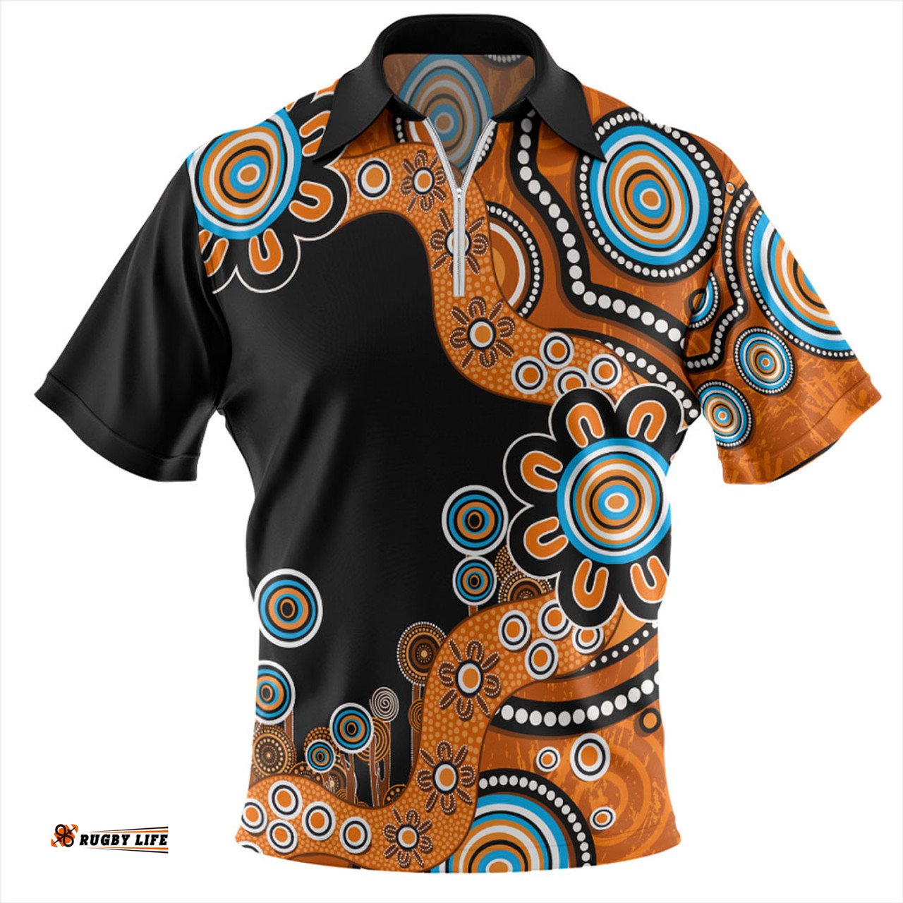 Australia Aboriginal Indigenous Dot Painting Orange Zip Polo Shirt