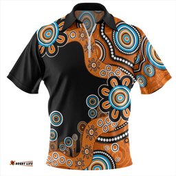 Australia Aboriginal Indigenous Dot Painting Orange Zip Polo Shirt
