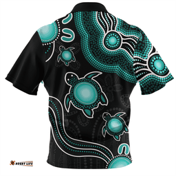 Australia Aboriginal Turtle Dreaming Journey Featuring Dot Art Turquoise Zip Polo Shirt