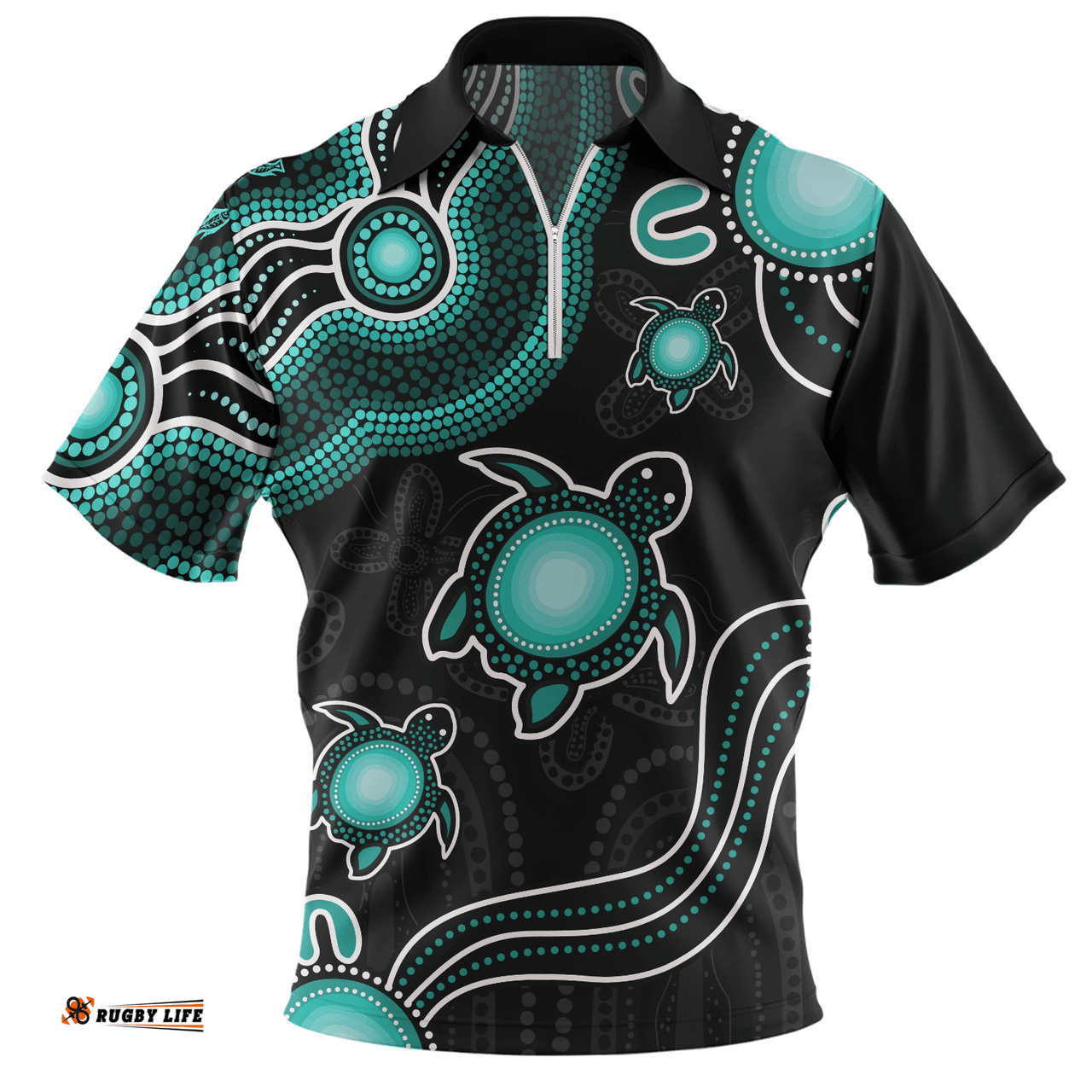 Australia Aboriginal Turtle Dreaming Journey Featuring Dot Art Turquoise Zip Polo Shirt
