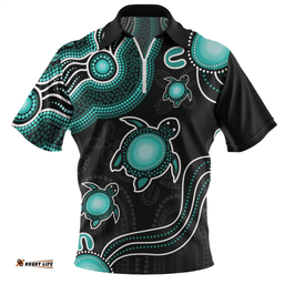 Australia Aboriginal Turtle Dreaming Journey Featuring Dot Art Turquoise Zip Polo Shirt