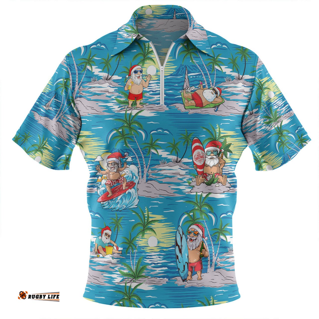 Australia Surfing Christmas Tropical Santa Surfing Funny Zip Polo Shirt