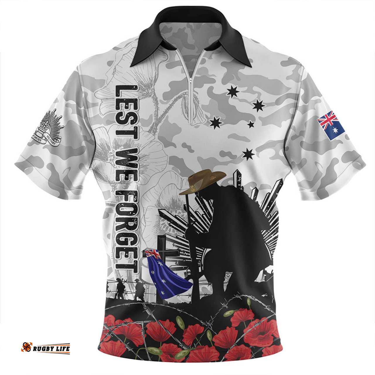 Australia Fallen But Not Forgotten Remembrance Day Tribute Zip Polo Shirt