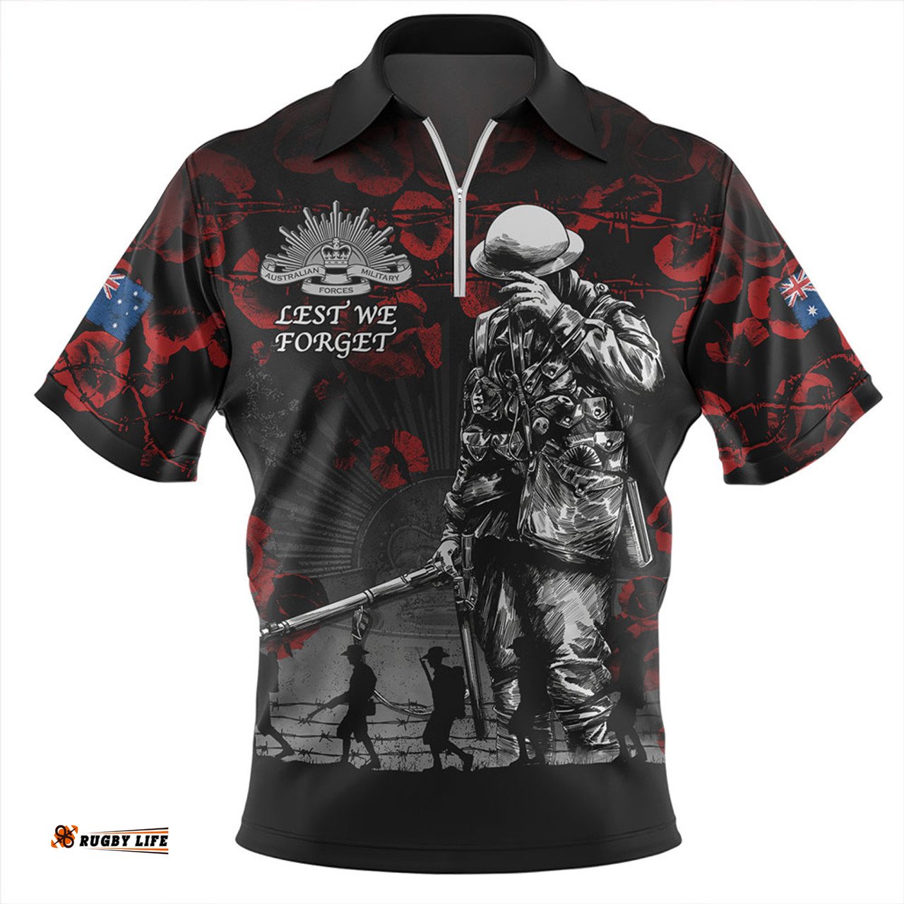 Australia Anzac Day Poppy Pride Honoring The Fallen Zip Polo Shirt