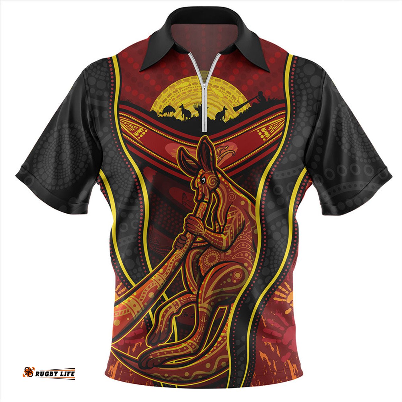 Australia Aboriginal Kangaroo Spirit Dreaming Zip Polo Shirt