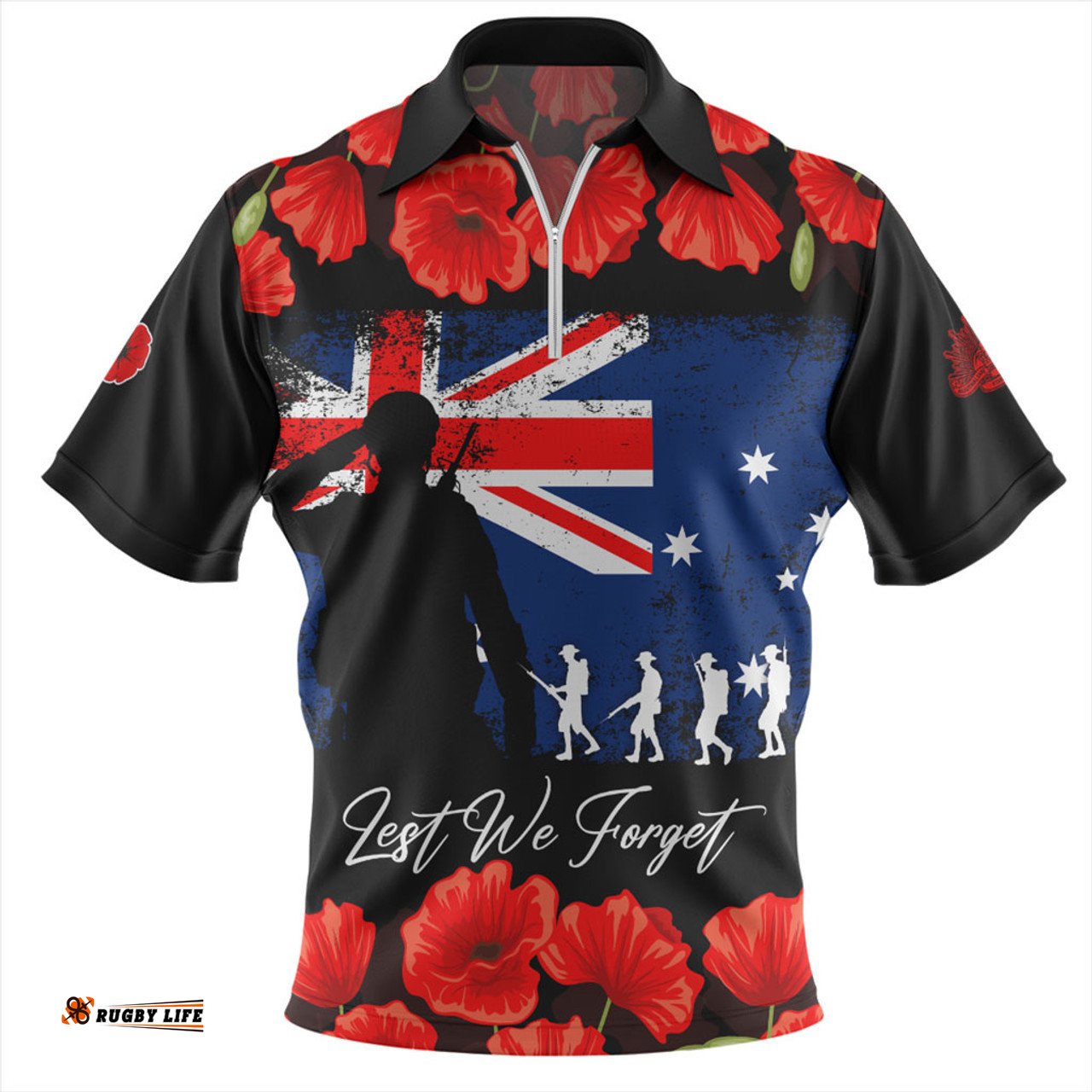 Australia Anzac Day Lest We Forget Grunge Flag Zip Polo Shirt